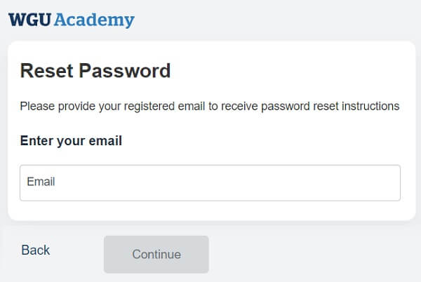 WGU Academy password reset page