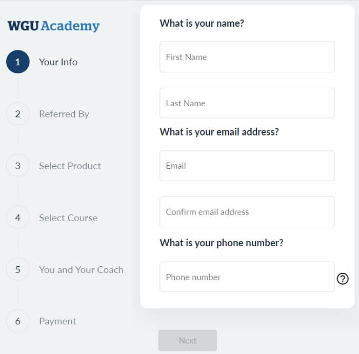 WGU Academy sign up form
